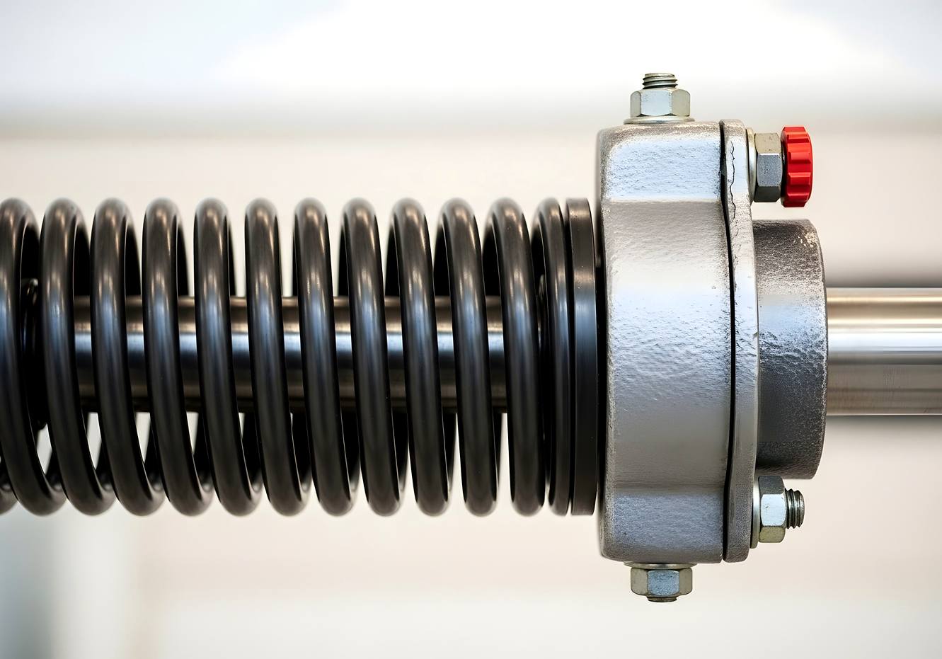 Torsion spring close-up &mdash; broken garage door spring replacement Phoenix