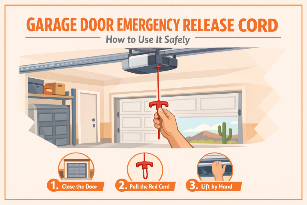Homeowner pulling the red garage door emergency release cord, with safety steps — CallOrange Garage Door Repair, Tempe AZ