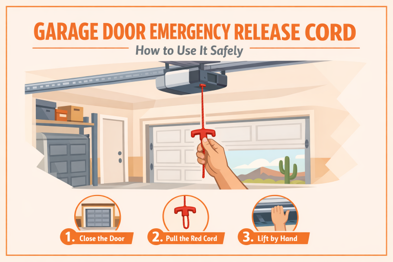 Homeowner pulling the red garage door emergency release cord, with safety steps — CallOrange Garage Door Repair, Tempe AZ