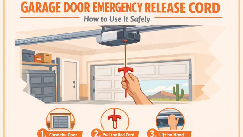 Homeowner pulling the red garage door emergency release cord, with safety steps — CallOrange Garage Door Repair, Tempe AZ