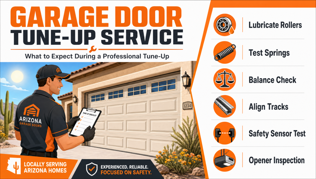 Professional garage door tune-up service checklist banner by CallOrange in Tempe, AZ