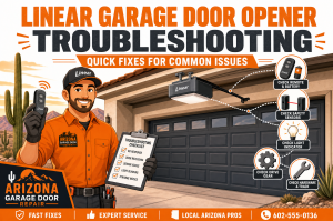 Linear garage door opener troubleshooting infographic with technician, remote, safety sensors and quick fixes in Tempe AZ