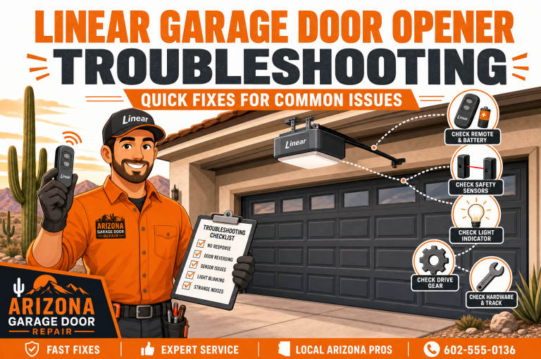 Linear garage door opener troubleshooting infographic with technician, remote, safety sensors and quick fixes in Tempe AZ