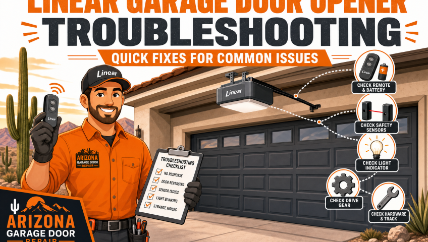 Linear garage door opener troubleshooting infographic with technician, remote, safety sensors and quick fixes in Tempe AZ