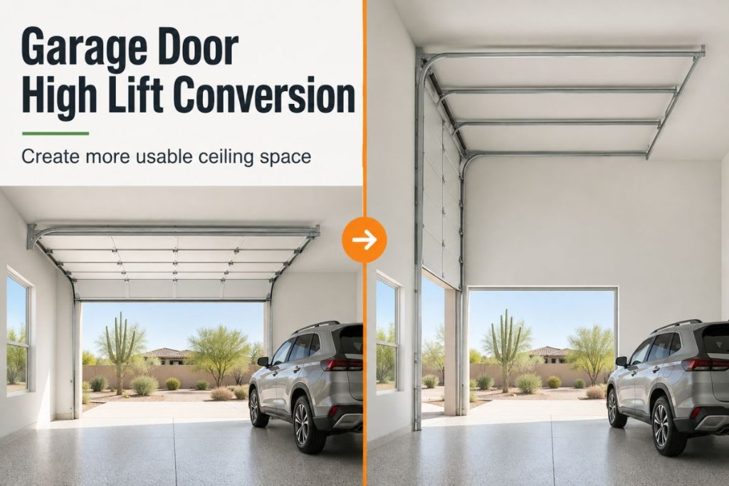 Standard-lift and high-lift garage door tracks compared inside a tall residential garage