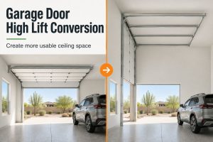 Standard-lift and high-lift garage door tracks compared inside a tall residential garage