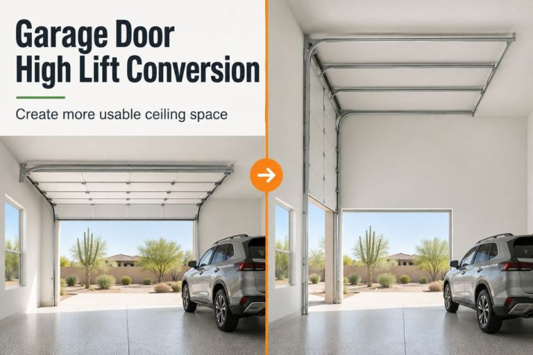Standard-lift and high-lift garage door tracks compared inside a tall residential garage