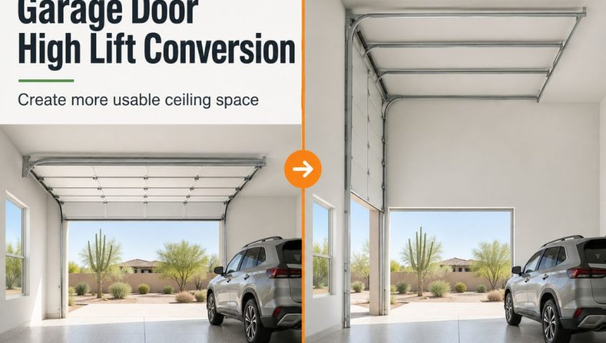 Standard-lift and high-lift garage door tracks compared inside a tall residential garage