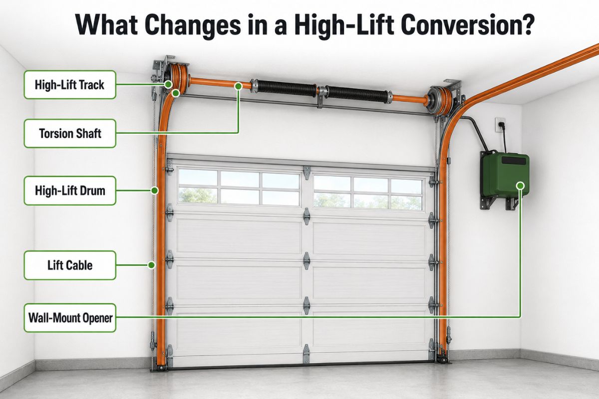 Diagram identifying tracks, torsion shaft, cable drums and wall-mounted opener in a high-lift garage door system