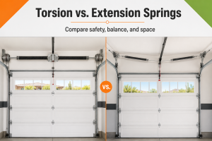 Side-by-side comparison of a torsion spring above a garage door and extension springs beside the horizontal tracks