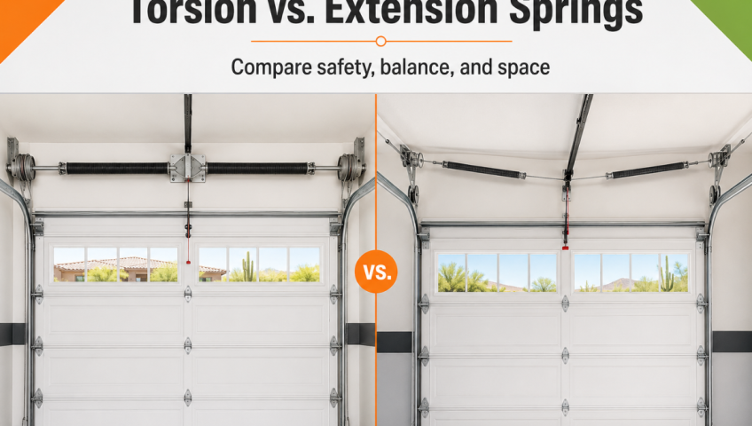 Side-by-side comparison of a torsion spring above a garage door and extension springs beside the horizontal tracks
