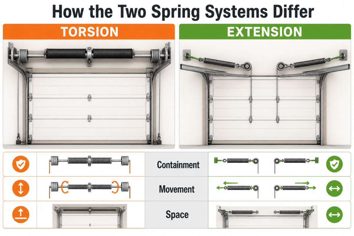 Diagram showing the location and movement of torsion and extension garage door springs