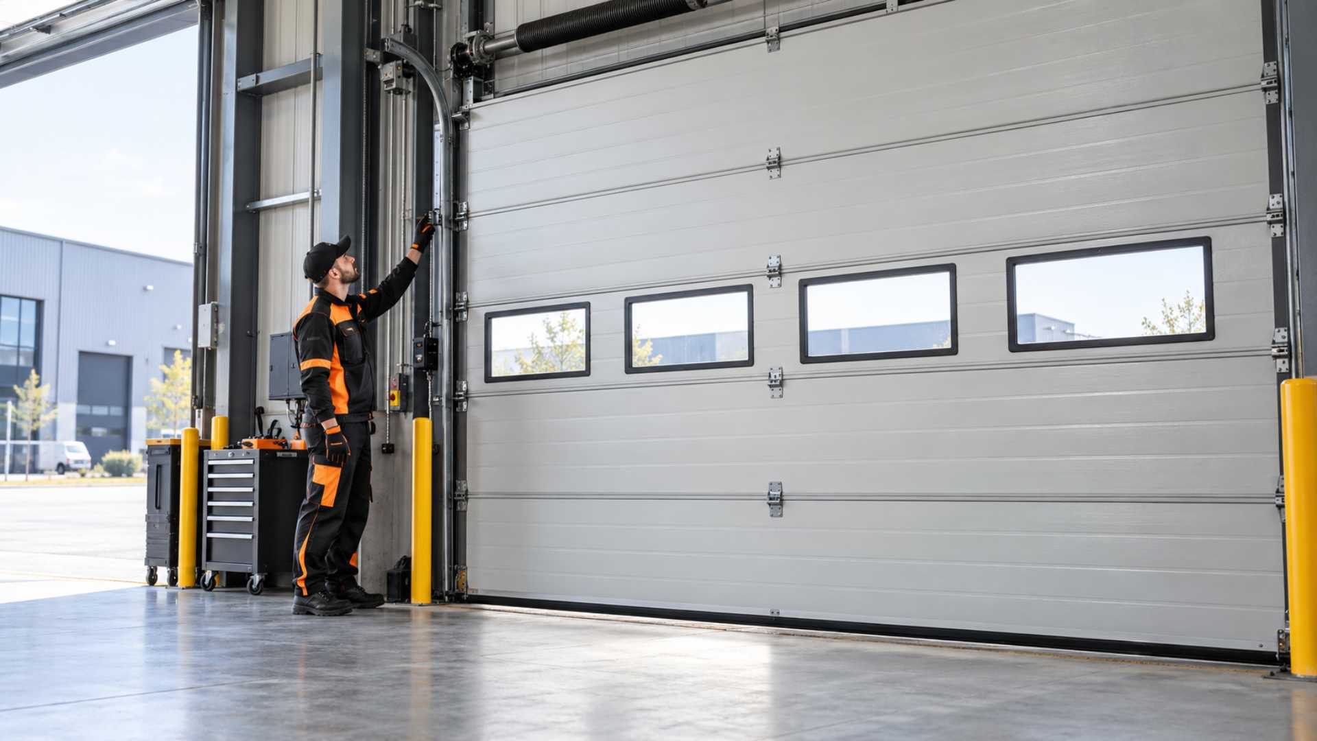 Commercial garage door repair servicing a glass storefront door lock in Phoenix, AZ