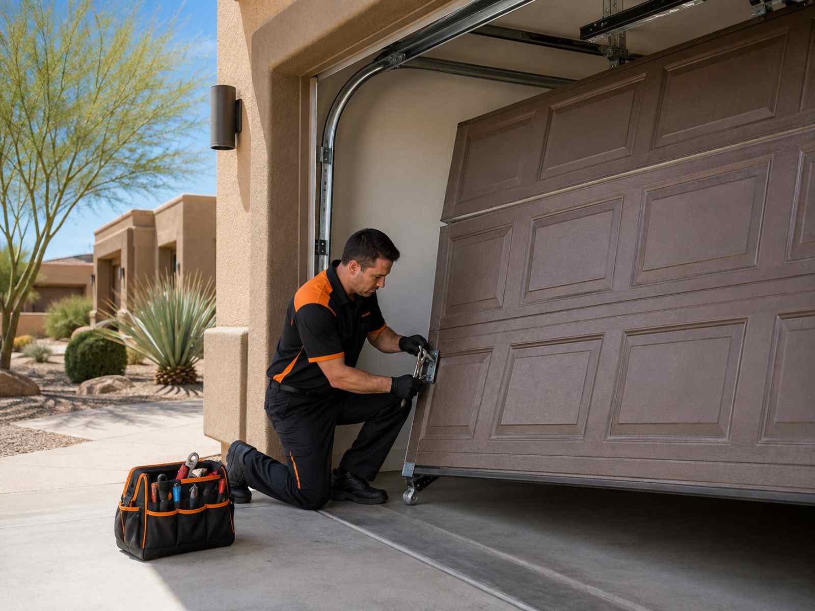 Garage door specialists working from a fully-stocked service van in Phoenix, AZ