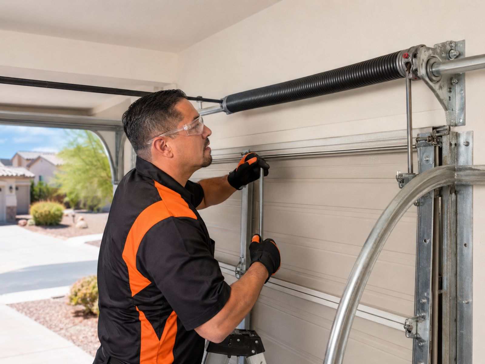 Residential garage door technician replacing a torsion spring at a home in Phoenix, AZ