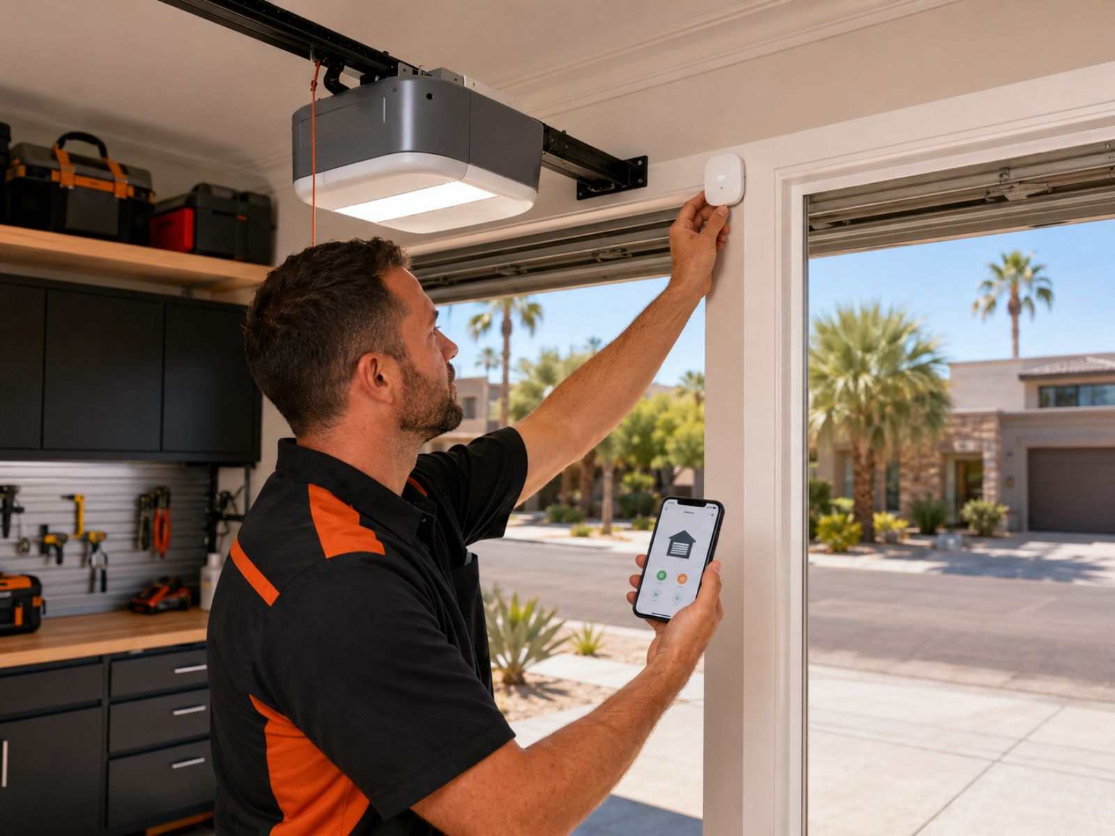 Garage door technician programming a smart opener remote in Phoenix, AZ